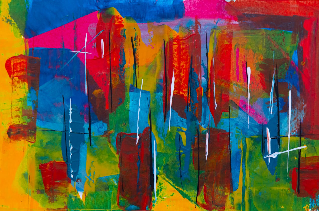Colorful abstract acrylic painting featuring dynamic shapes and vibrant hues on canvas.