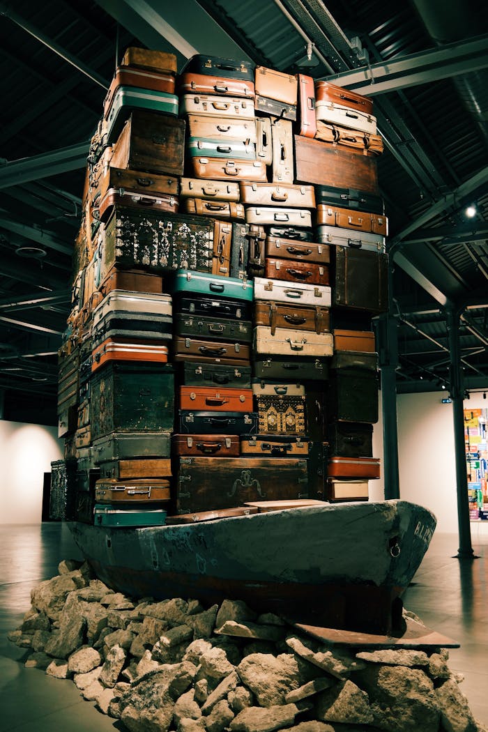 Artistic installation of stacked suitcases inside a modern gallery setting.