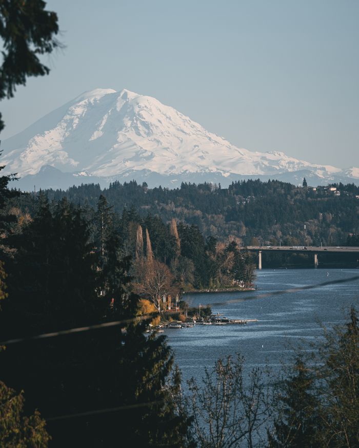 services-03 Breathtaking view of snowcapped Mount Rainier above a lush forest and flowing river, perfect for nature enthusiasts.