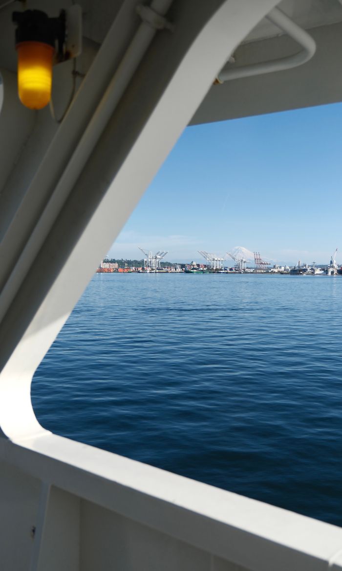 View of a bustling harbor and calm sea framed by a ship window, perfect for travel and maritime themes.